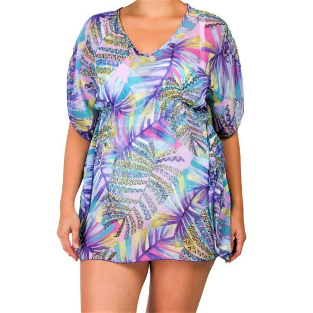 NWT Sand and Spirit Plus Made In Usa Tropical Palm Printed Chiffon Cover-up